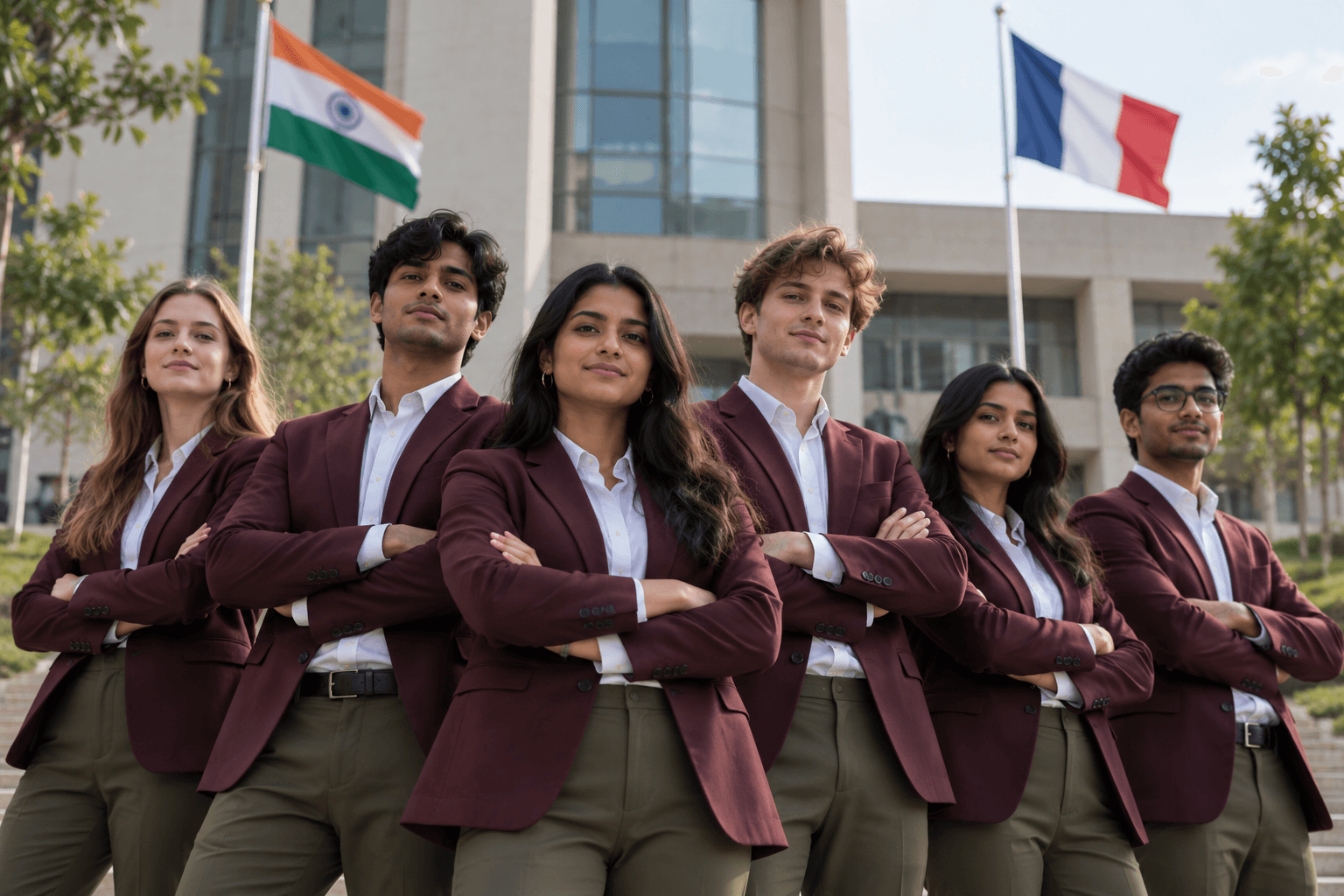 Six students in ESIP blazers standing together in front of the campus, the Indian and French flags behind them