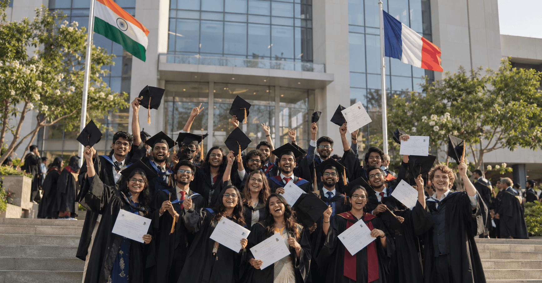 Graduates in caps and gowns celebrating in front of the campus, the Indian and French flags behind them