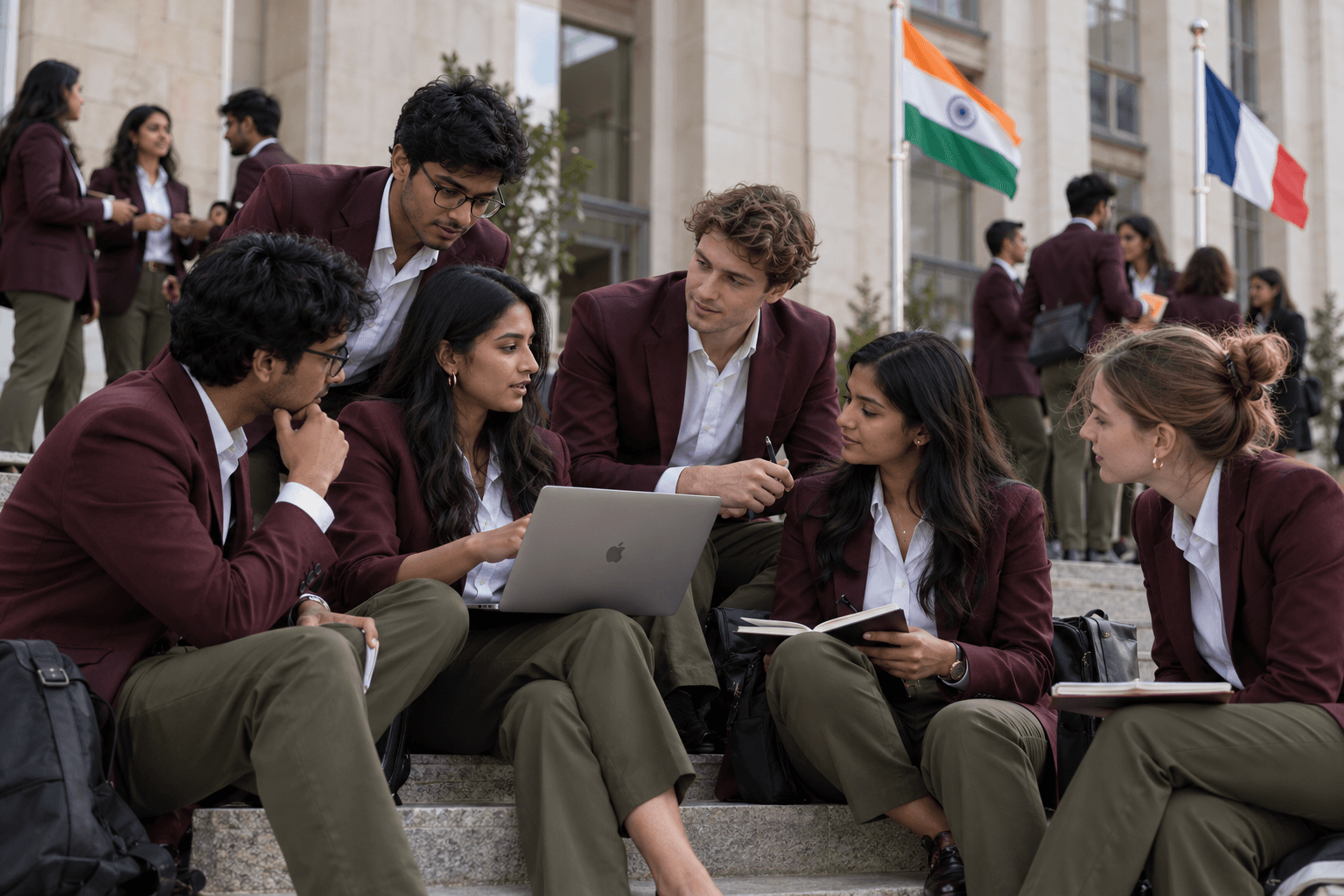 Students sitting on the campus steps, working together over a laptop and a book