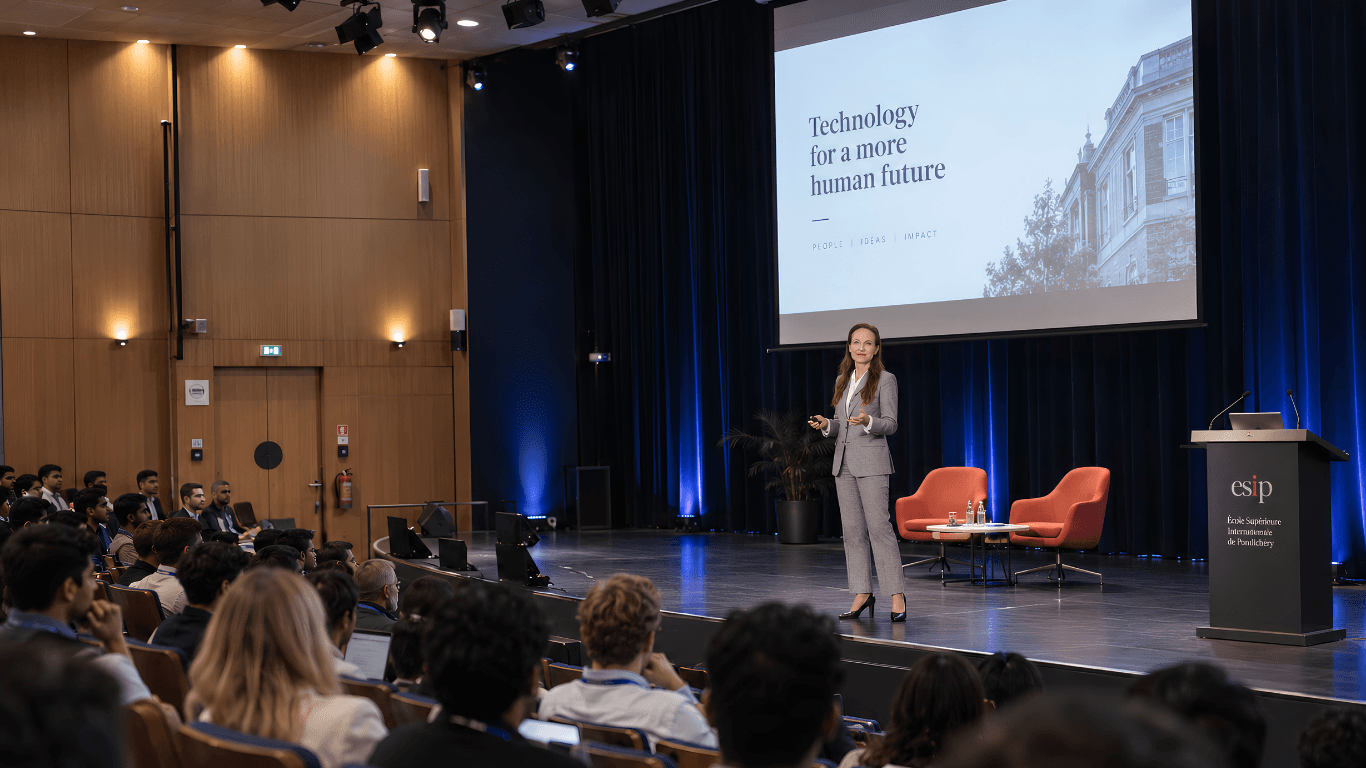 A speaker presenting on stage at an ESIP event, in front of a full auditorium