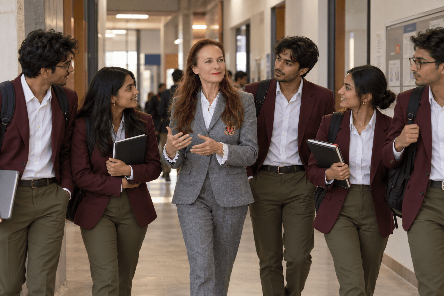 Students in ESIP blazers walking and talking along a bright campus corridor